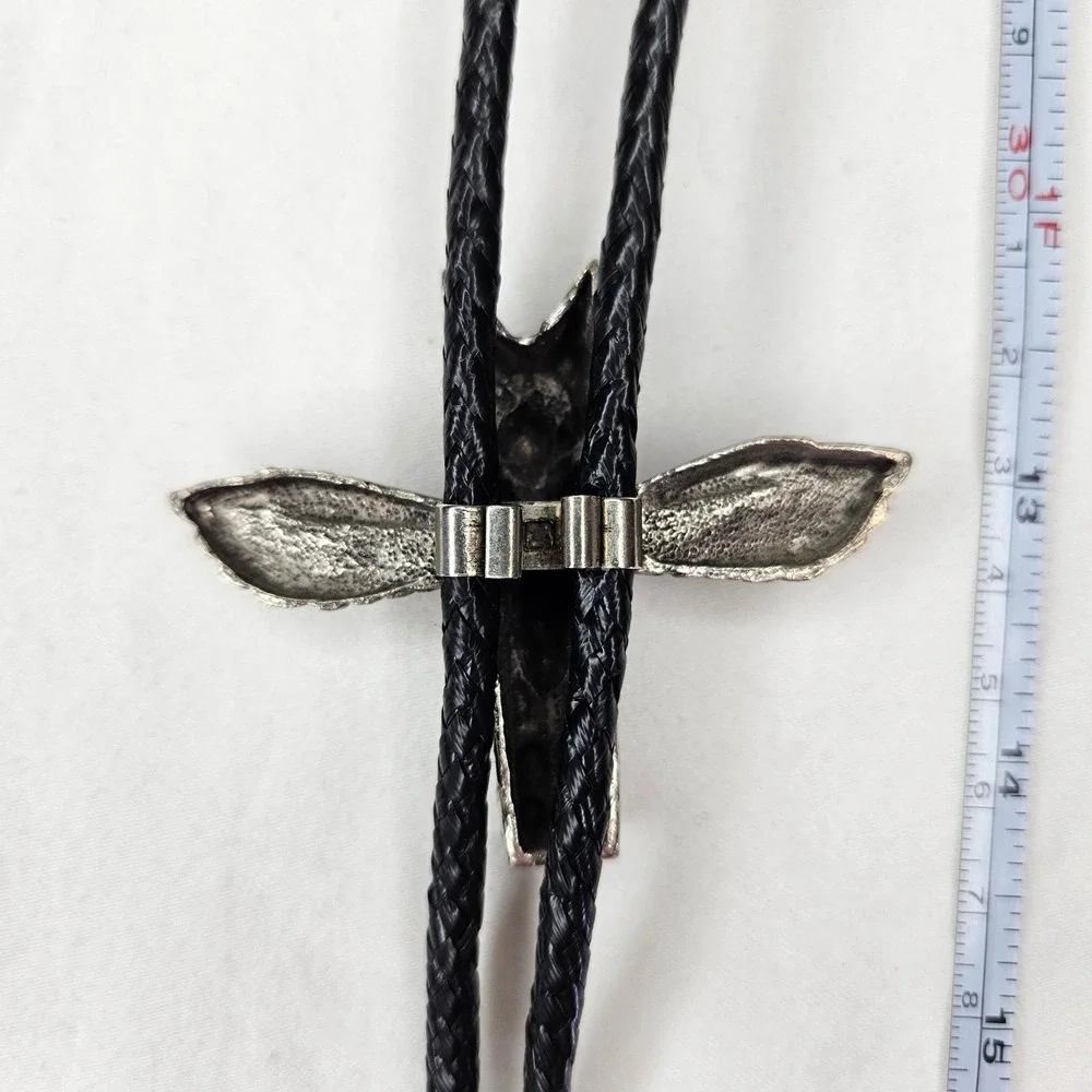 Vtg Bolo Tie Eagle Totem Silver Tone Turquoise Black Leather Braided Cord Native